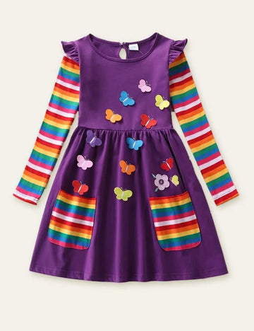 Flower Butterfly Appliqué Rainbow Long Sleeve Dress - Mini Taylor